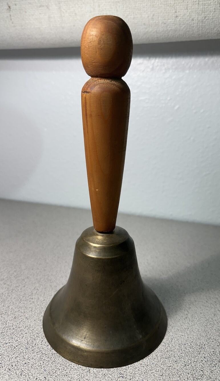 Vintage Brass And Wooden 10” Hand Held Bell School Teacher Farmhouse Rustic Loud